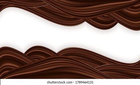 Chocolate wavy swirl  background. Smooth chocolate waves, curved border for poster or banner. Smooth satin texture, dark brown color flow. Abstract vector illustration