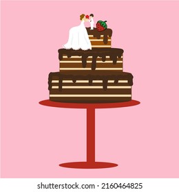 Chocolate wedding cake The groom and the bride were dressed in white long skirts on top.