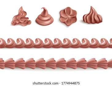 Chocolate whipped cream - isolated realistic set of brown dessert icing in individual swirl shapes or seamless line border form. Food decoration collection, vector illustration