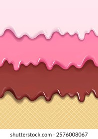 Chocolate and white glaze caramel and pink ice cream melted on waffle background. Seamless pattern sweet ice cream flowing down on cone. Wafer texture and dripping dessert Vector illustration