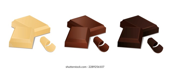 Chocolate white milky black set. Collection of confectionery bars. Dessert and delicacy, gourmet. Sugar junk food and tasty eating. Realistic 3D vector illustrations isolated on white background