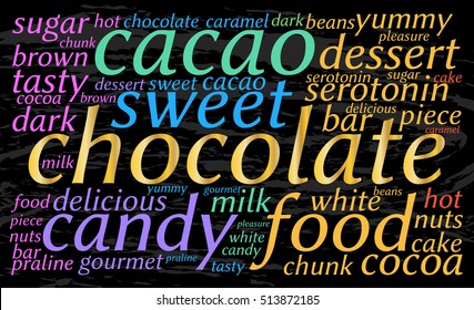 Chocolate. Word cloud, black water background, elegant bright font. Food concept.