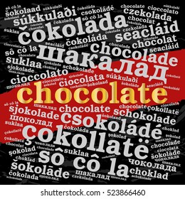 Chocolate. Word cloud in different languages, square, grunge background. Food concept.