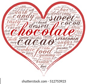 Chocolate. Word cloud in a heart shape, italic font. Children's joy.
