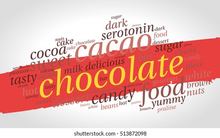 Chocolate. Word cloud, red stroke of paint, gradient gray background. Revolutionary style.