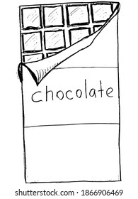 Chocolate in wrapper. Hand drawn, sketch vector illustration. Motives of delicious food, ingredients of dessert, gourmet eating, sweets