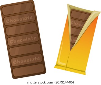 Chocolate in a yellow wrapper. A delicious bar of chocolate. Chocolate sweets. Vector illustrations on a white background.