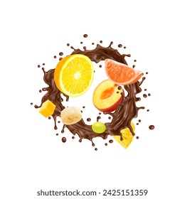 Chocolate yogurt, cream or milk drink swirl splash with tropical fruits. Vector 3d sweet cocoa circle wave with drops and realistic orange, banana, mango and peach, grapefruit, grapes and pineapple