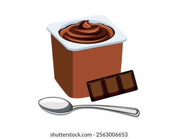 Chocolate yogurt in a plastic cup and spoon vector illustration. Chocolate yogurt plastic cup icon vector isolated on a white background. Yoghurt cocoa mousse and chocolate bar drawing