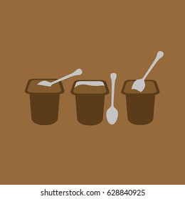 Chocolate Yogurt Treat And Spoon In The Clean & Tasty Creamy Vector Illustration On Flat Design Brown Background. Tasty & Delicious Pudding In Open Plastic Simple Cup Kids, Children & Baby Food