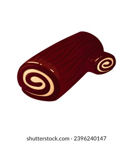 Chocolate Yule log cake vector illustration. Traditional Christmas cake isolated on white background. Decorative detailed sweet dessert element for holiday patterns, packaging, designs