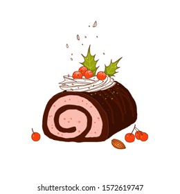 Chocolate yule log christmas cake with red berries. Buche de Noel. Traditional Christmas dessert. Vector hand-drawn sketch.