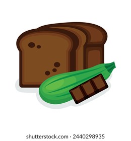 Chocolate Zucchini Bread icon vector isolated on a white background. Sweet delicious bread with green fresh zucchini and chocolate bar vector illustration. Zucchini Bread loaf graphic design element