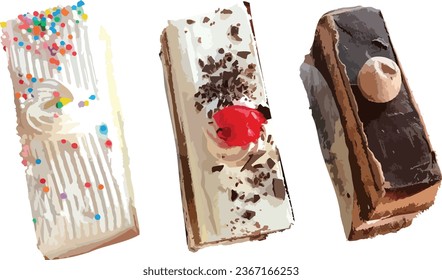 Chocolate,Black Forest and Vanilla cake slices vector