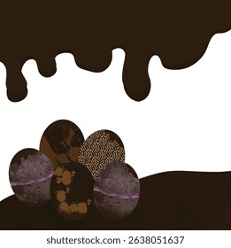 Chocolate-covered balls with dripping chocolate on top. Sweet dessert concept in dark brown tones. Vector EPS illustration.