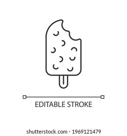 Chocolate-covered ice cream on stick linear icon. Ice dessert in chocolate coat. Homemade treat. Thin line customizable illustration. Contour symbol. Vector isolated outline drawing. Editable stroke