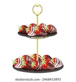 Chocolate-covered strawberries on a two-tier dessert plate on a white background.Vector composition for holiday designs, restaurants.