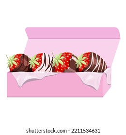 Chocolate-covered strawberries in a pink box, isolated on a white background.Vector illustration of a fruit dessert.