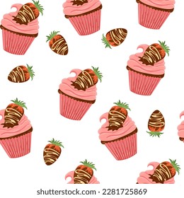 Chocolate-covered strawberry muffins seamless pattern. Sweet dessert. For packaging, prints, covers and brochures, baby products, holidays. Vector cartoon illustration