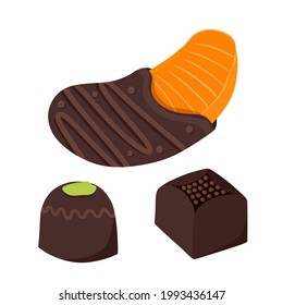 Chocolate-covered tangerine fresh fruit dipped in thick chocolate bars. A set of chocolates. Vector illustration.