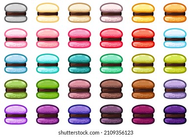 Chocolate-Filled Macaroons icon set. Vector illustration. Hand-drawn macarons, colorful chalk set on the white background.