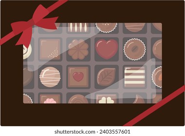 Chocolates en una caja con una cinta roja. Ilustración del vector