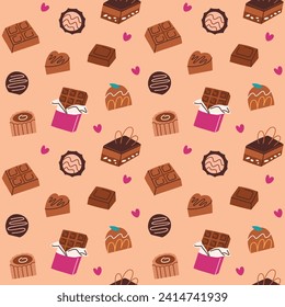 Chocolates and cakes seamless pattern, wrapping paper for Valentine's Day present, colored ornament with chocolate bars, candy, desserts, vector illustrations of sweets on peach background