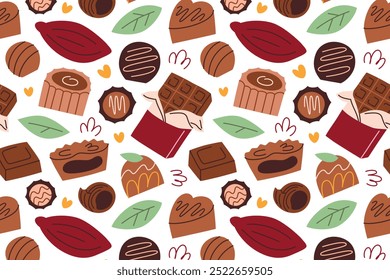 Chocolates and candies seamless pattern, colored ornament of hand drawn desserts icons, vector illustrations of chocolate bars, wrapping paper for Christmas, Valentines day, cocoa beans and leaves