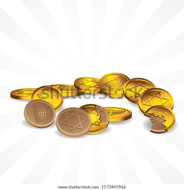 Chocolates in gold packaging symbols of the star of
David and the seven-candlestick on an isolated background. Vector
image. eps 10