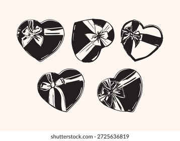 Chocolates heart box with bows set featuring sweet treats, romantic gift boxes, bows, and Valentine elements in red and pink tones, perfect for cards, holiday designs, invitations, and festive graphics.