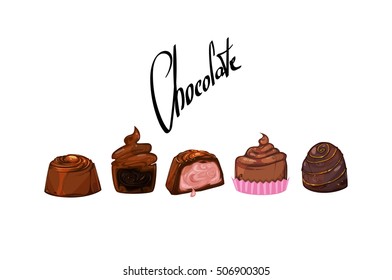 Chocolates And Inscription "Chocolate". Set Of Vector Sweets  Different Beautiful Sweets. Chocolate Products.