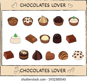 Chocolates Lover Dark Milky White Hearts Squared Circle Block Coco Pieces Different Shapes Sweet Candy Desserts Illustrations Vector Artwork Snack Icons