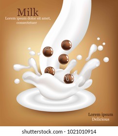 Chocolates with milk splash Vector realistic. Detailed 3d illustration mock up templates