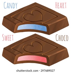 chocolates with various fillings and heart pattern - hand drawing vector illustration