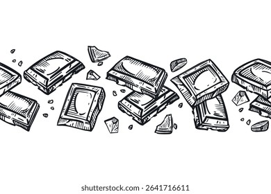 Chocolate-themed seamless border, chocolate pieces, chocolate bar, all objects hand-drawn in ink on a white background. Vector illustration. For packaging design of chocolate, confectionery and food.