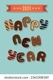 Chocolicious New Year Delight. The phrase 'Happy New Year' is spelled out by delightful chocolate donuts adorned with creamy swirls and nutty decorations. Vibrant blue backdrop, a red banner with 2024