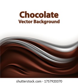 Chocollate wavy background. Milk chocolate wave, frame border for poster or banner. Smooth satin fabric texture, drak brown and creamy color flow. Vector illustration.