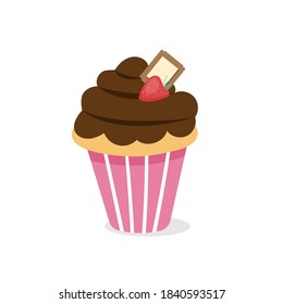Chocoltae muffin with cookie and strawberry. Vector illustration of cupcake icon on white background