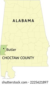 Choctaw County and town of Butler location on Alabama state map