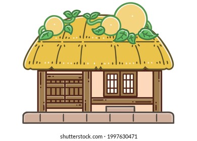 A choga house. Choga denotes one of two traditional nature-friendly house types in Korea. The main building materials used to build these houses are straw, wood and soil. Vector illustration.