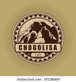Chogolisa, mountain symbol, abstract patch, with name, and height in meters, vector illustration