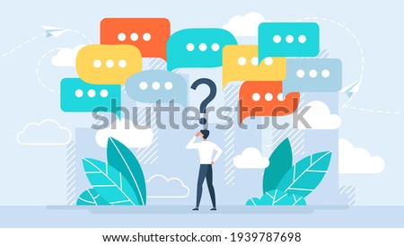 Choice about company work strategy vector illustration. Decide right solution directions for questions dilemma situations. Business decision making doubt about options confusion person concept.