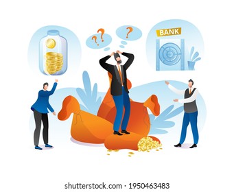 Choice about saving money in bank, vector illustration. Flat man person character choose, make financial decision about cash investment.