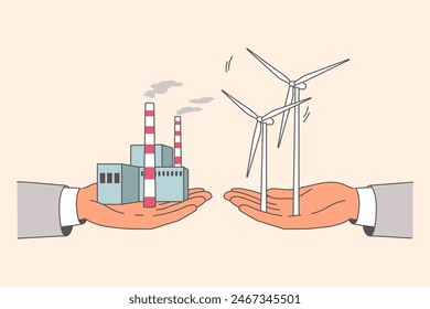 Choice alternative method of generating energy between coal-fired power plant and wind generators located on hands businessmen. Problem of switching to alternative energy to reduce carbon footprint