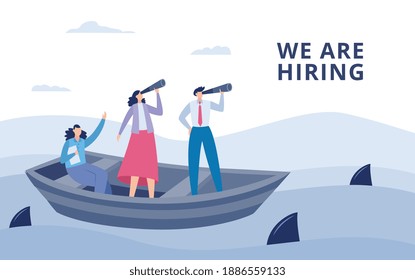 Choice of the best suited employee to company and we are hiring banner with people floating in boat and watching through spyglass, flat vector illustration.
