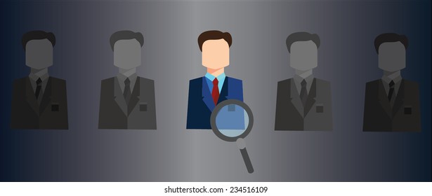 The choice of the best suited employee. highlighted person as a symbol of chosen one by the recruiter. HR, HRM, HRD ,CRM concepts. 