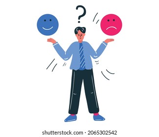 A Choice Between Bad And Good. A Bad Kind Smiley Face. A Man Makes A Choice Between Sadness And Joy. Vector Illustration