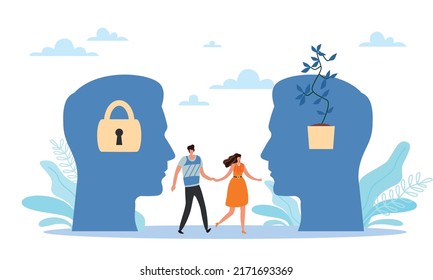 Choice Between Creative And Conservative Thinking. Personal Psychological Thinking, Fixed Vs Growth Mindset, Self And Professional Growth, Happy Man And Woman, Vector Cartoon Concept