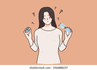 Choice between glasses and contact lenses concept. Teenager girl cartoon character standing holding glasses and contact lenses trying to choose with doubts vector illustration 