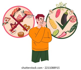 Choice between healthy diet food or junk snack, flat cartoon vector illustration isolated on white background. Man making choice between healthy and unhealthy fast food.